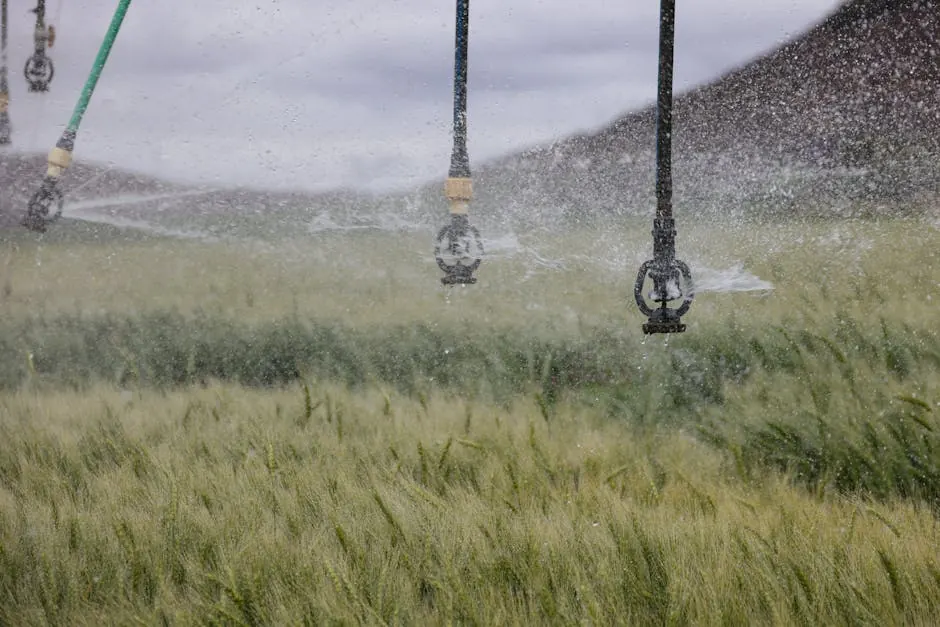 Water sprinklers irrigating a lush green wheat field, showcasing modern farming techniques.