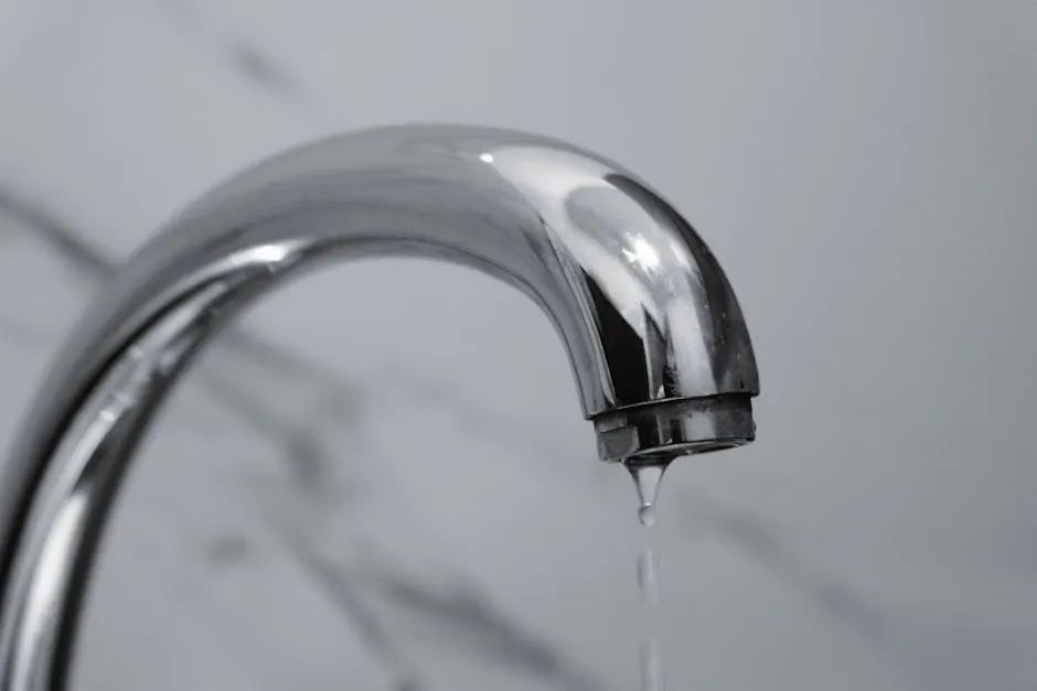 A close-up shot of a modern chrome bathroom faucet with water dripping from the tip.